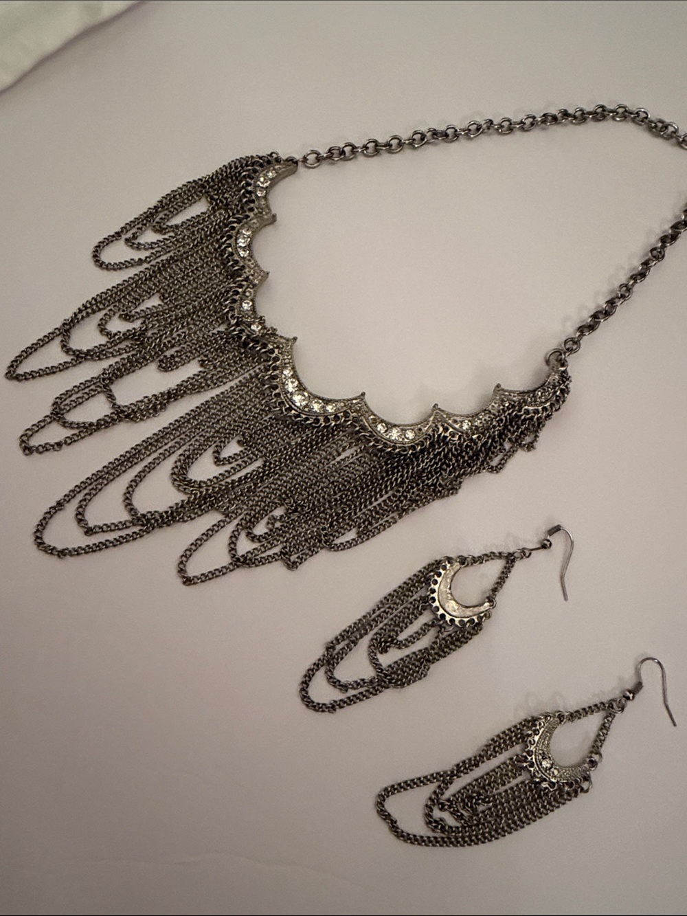 Silver Fringe Scalloped Statement Necklace and Earrings- Women Jewelry - Picture 8 of 9